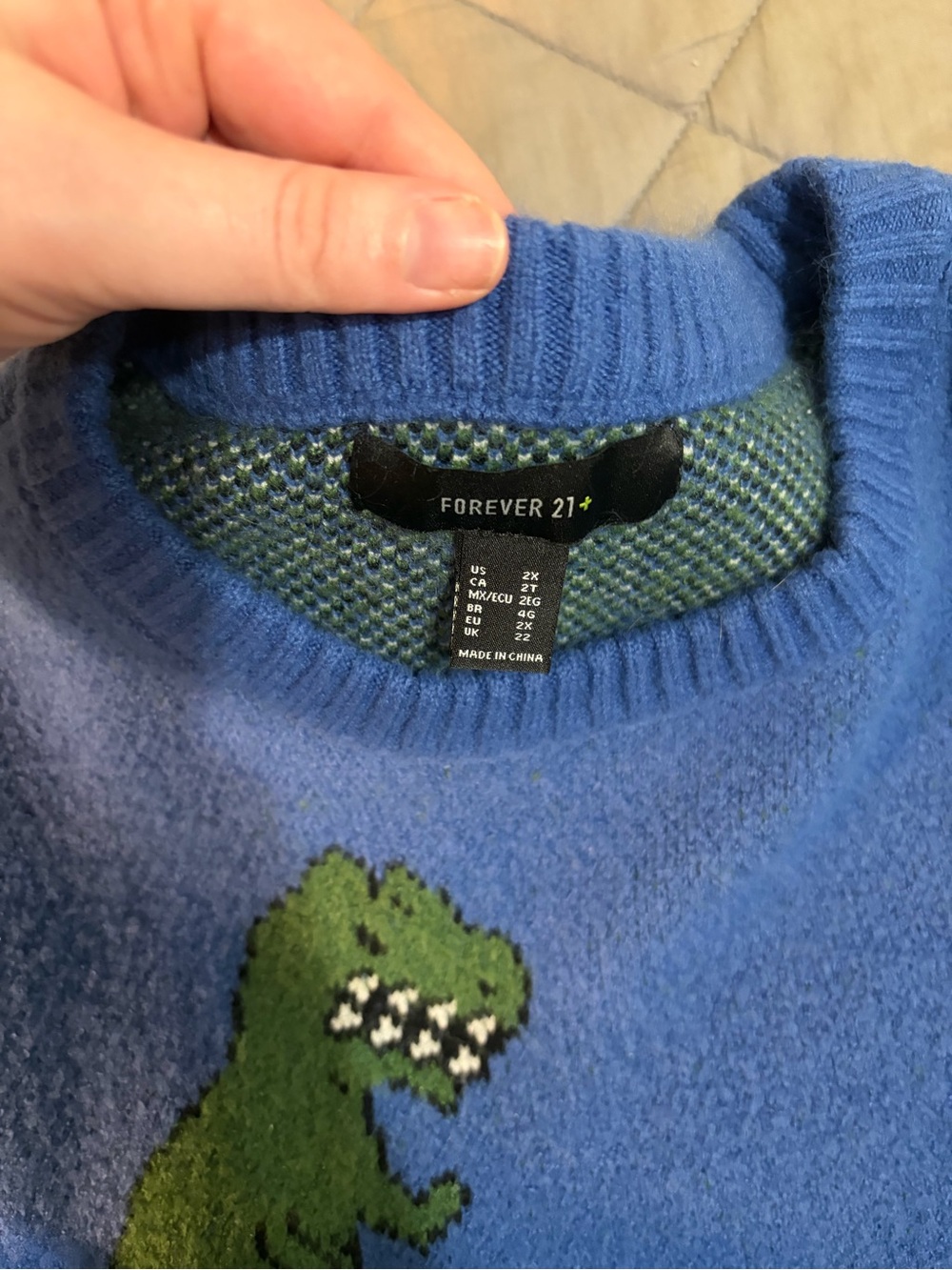 Forever 21 Blue Crewneck Sweater with Green Dino Motif - Picture 3 of 3